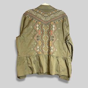 Kate & Sam Utility Jacket Peplum Hem Embroidered Back Design Olive Green W 2XL